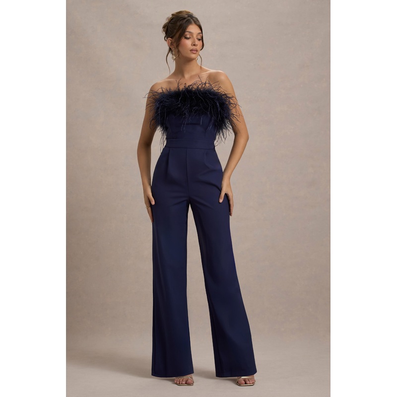 First Class | Navy Bandeau Feather Wide Leg Jumpsuit