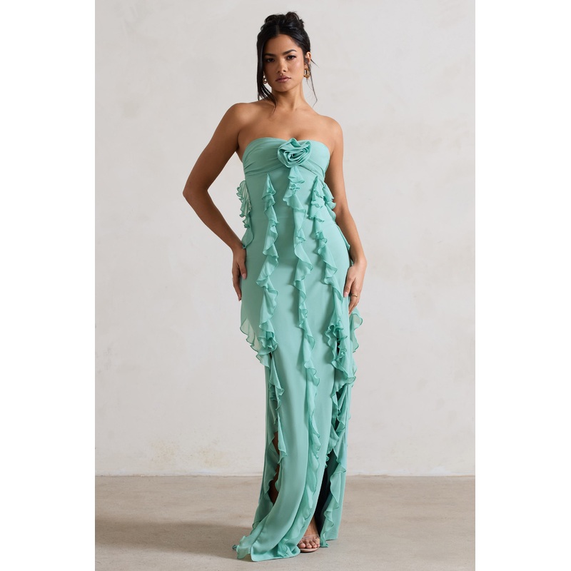 Gardenia | Mint Green Strapless Ruffle Maxi Dress With Corsage