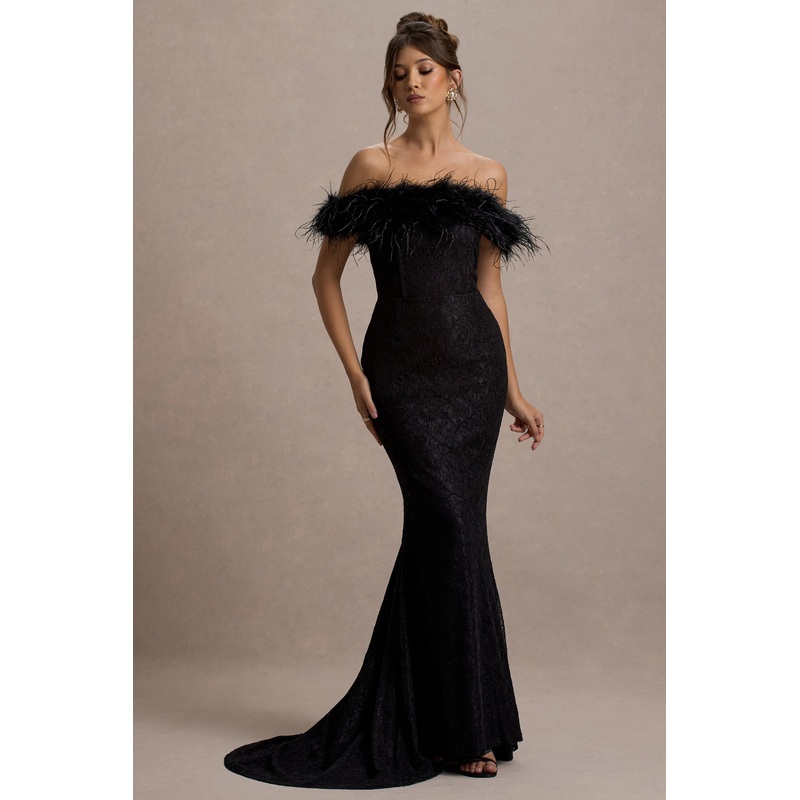 Idyll | Black Lace Bardot Feather Fishtail Maxi Dress