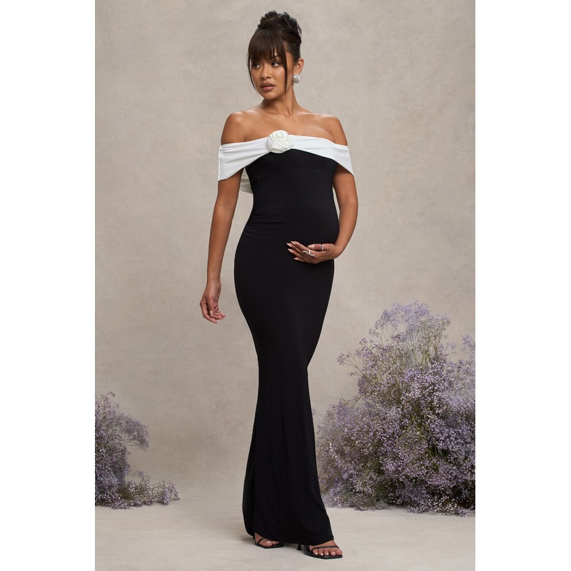 In Bloom | Black & White Bardot Maternity Maxi Dress With Flower