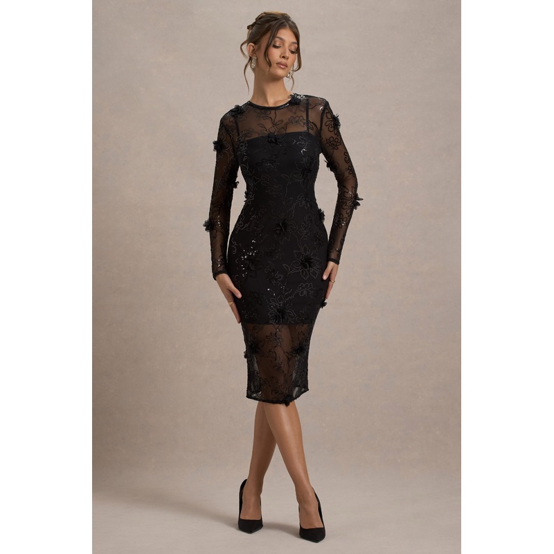 Intimate | Black Sequin Sheer Midi Dress With Flowers