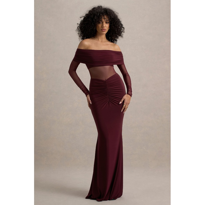 Ismeralda | Burgundy Mesh Ruched Bardot Maxi Dress