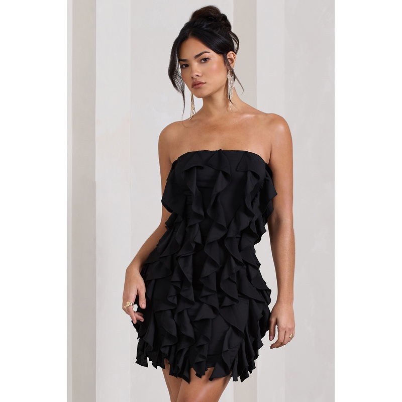 It Girl | Black Bandeau Bodycon Mini Dress With Ruffles