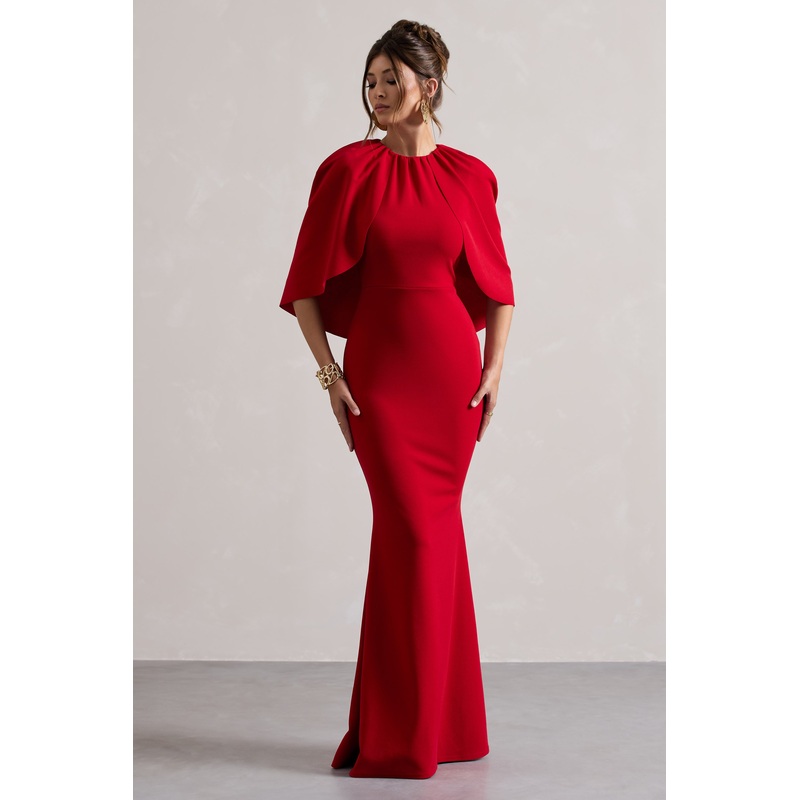 Kianne | Red Draped Short-Sleeve Maxi Dress