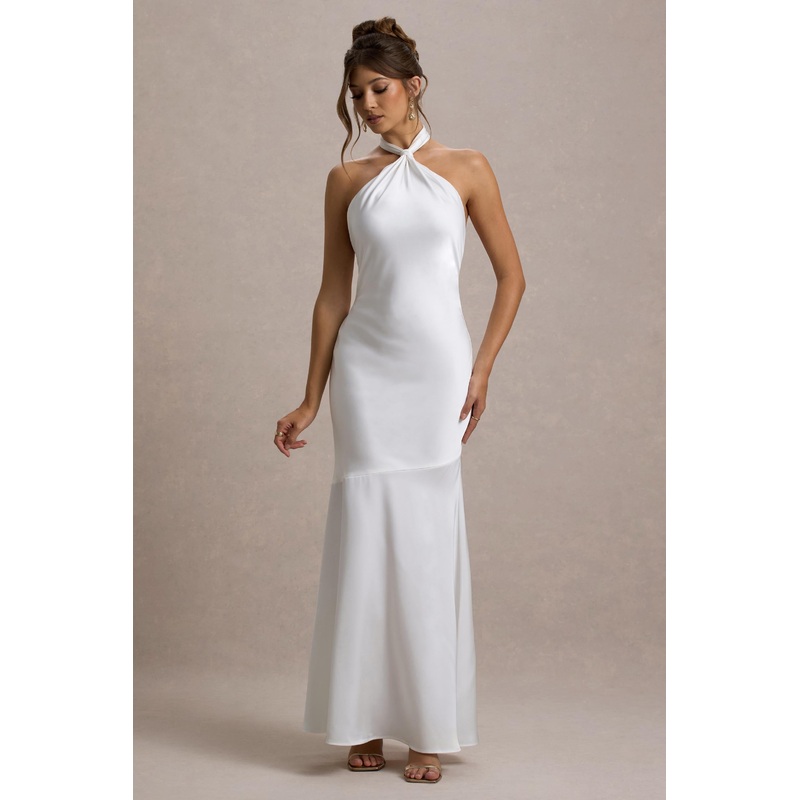 Knox | White Satin Knot Halter-Neck Maxi Dress