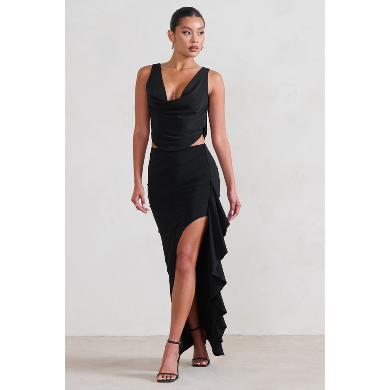 La Belle | Black Ruffle Maxi Skirt With Thigh Split