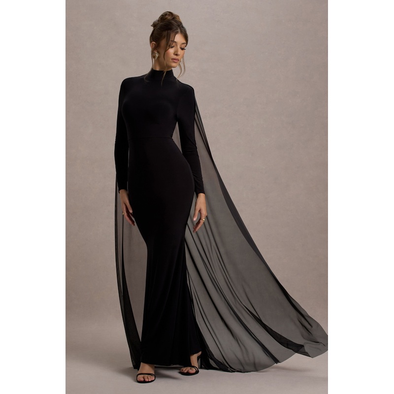 La Nuit | Black High-Neck Long-Sleeve Maxi Dress With Cape