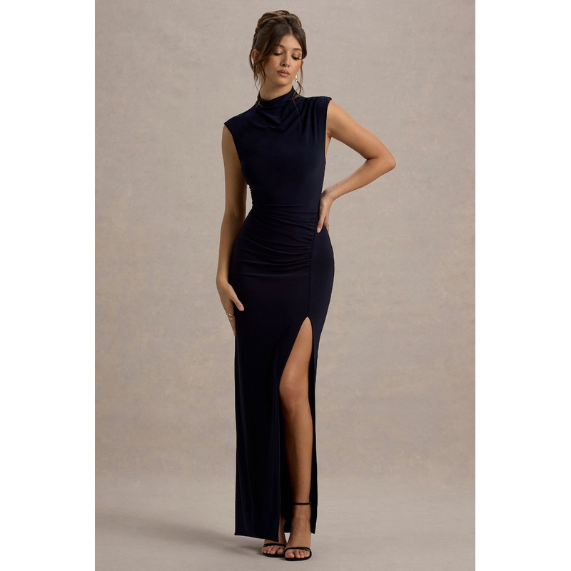 Lanetta | Navy Ruched High-Neck Maxi Dress With Split