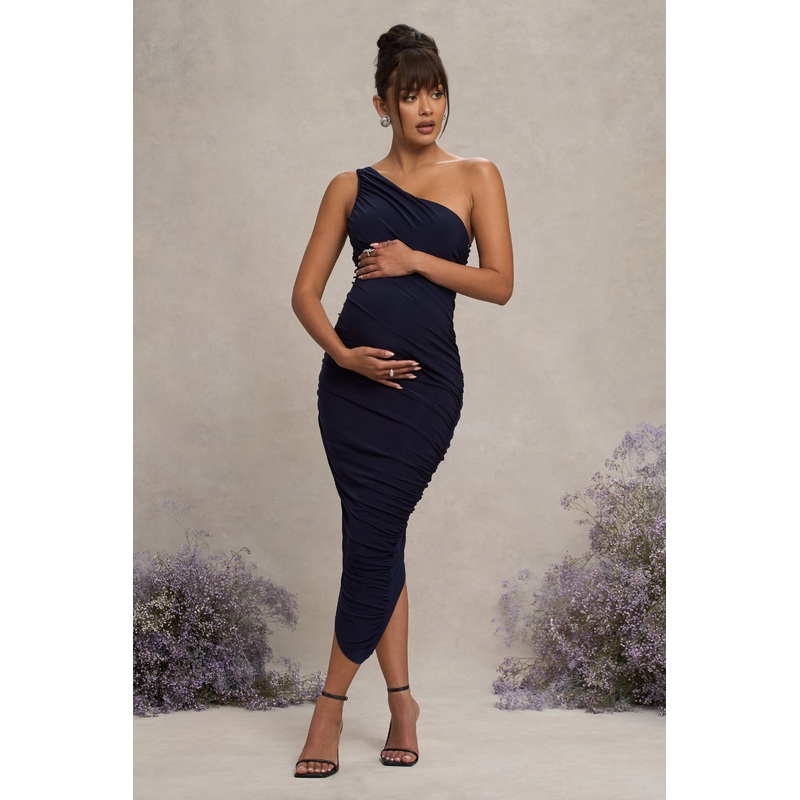Late Night | Navy Maternity Ruched One Shoulder Midi Dress
