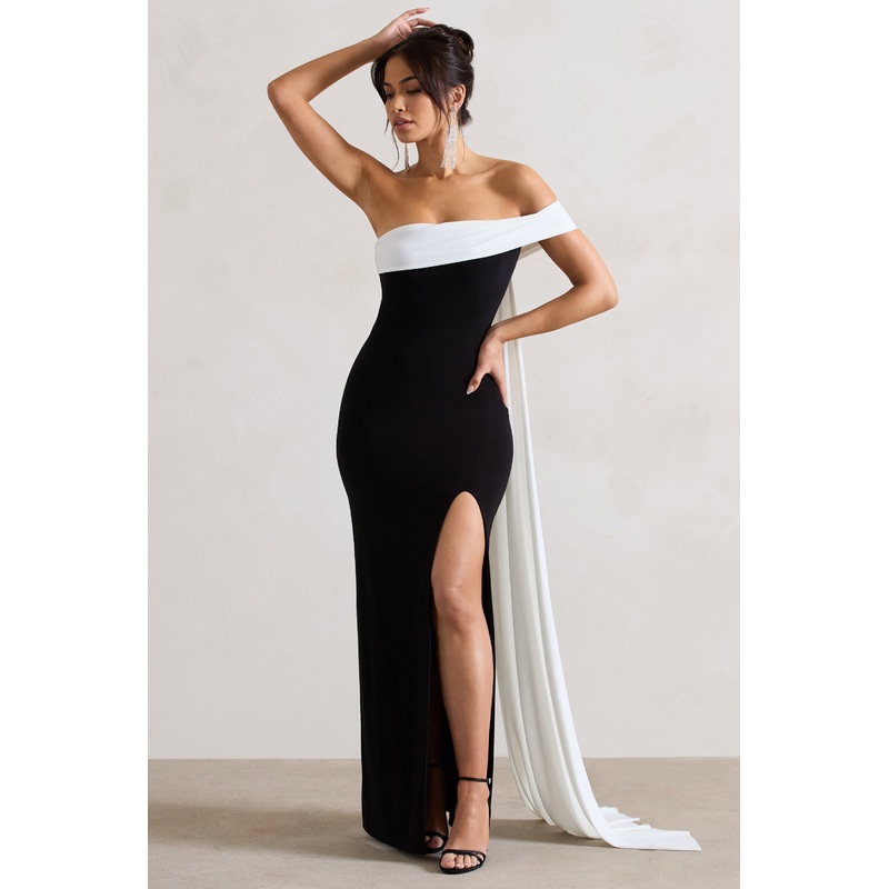 Legacy | Black & White Bardot Split Maxi Dress With Drape