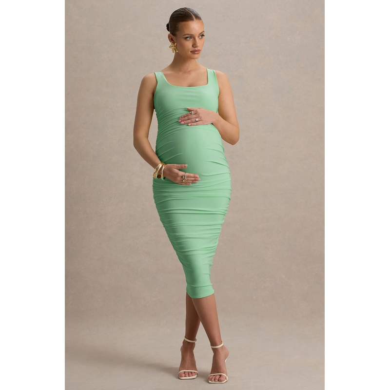 Lisbon | Light Green Maternity Square Neck Ruched Midi Dress