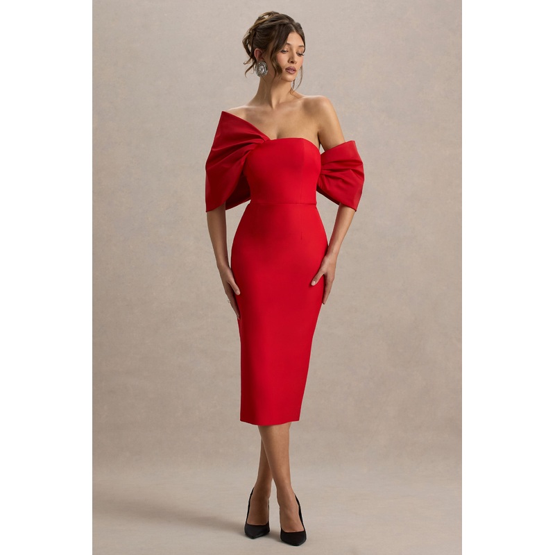 Lucille | Red Asymmetric Bardot Midi Dress
