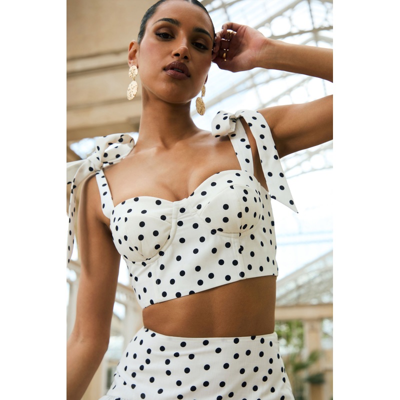 Lumen | White Polka Dot Corset Sweetheart Top With Bow Straps