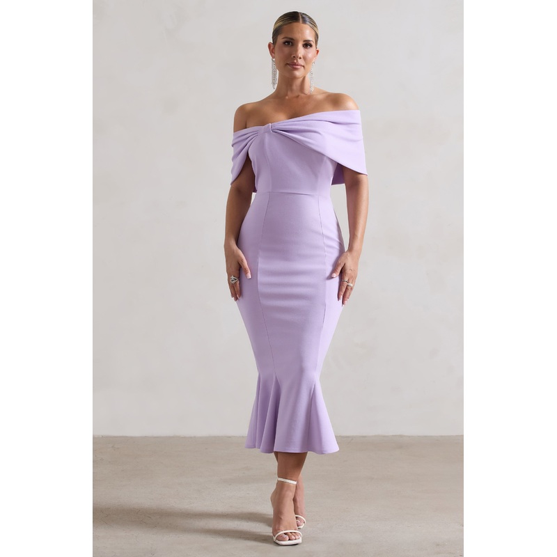 Lydia | Pastel Lilac Bardot Bow Detail Midi Dress