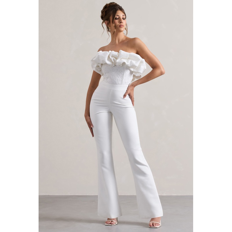 Maddox | White Strapless Ruffled Flared-Leg Jumpsuit