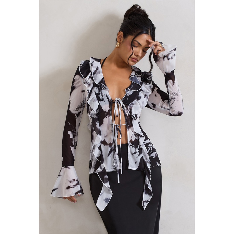 Milan | Monochrome Floral Print Ruffle Tie-Front Blouse