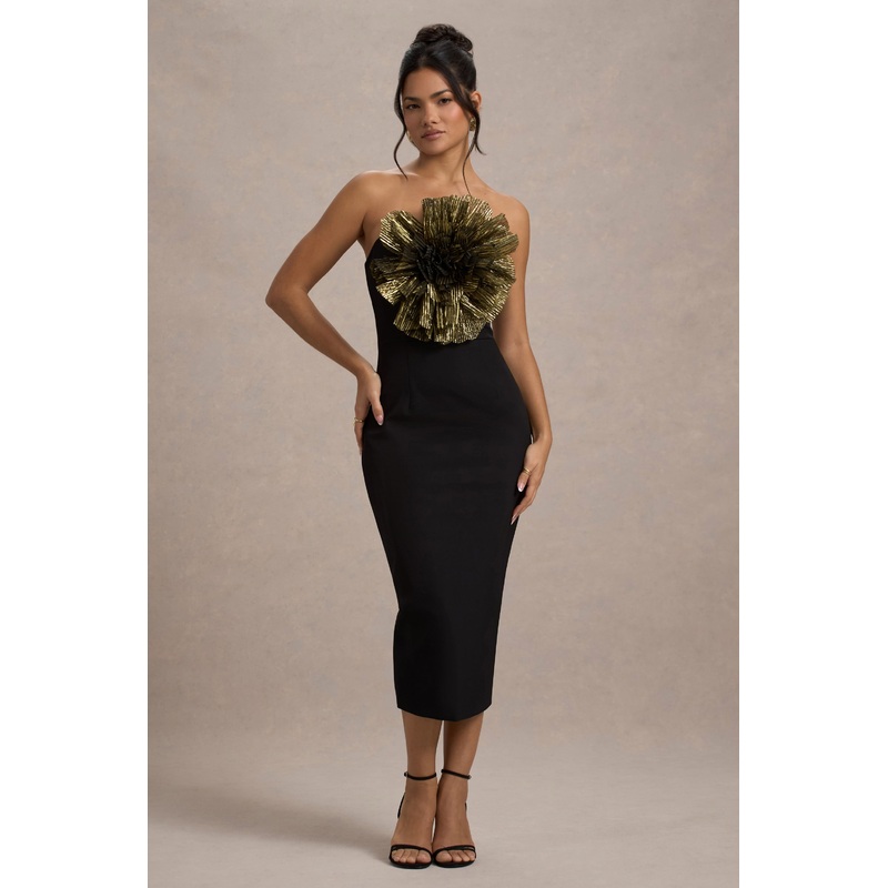 Moya | Black & Gold Bodycon Midi Dress With Corsage Detail