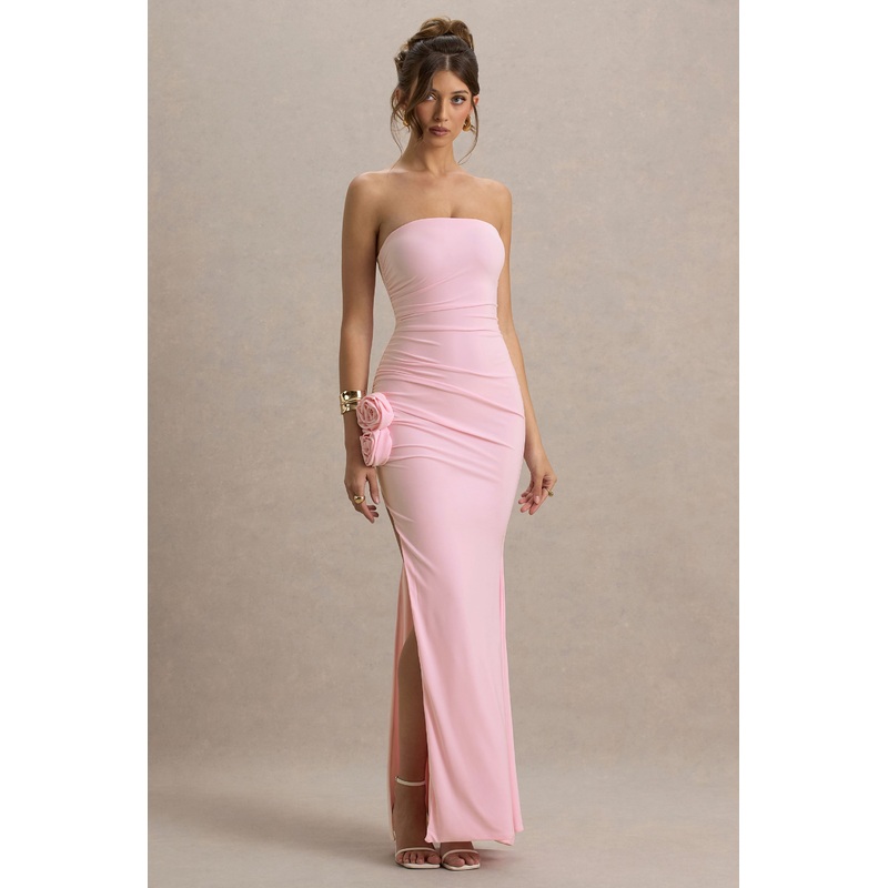 My Muse | Pink Ruched Bandeau Split Maxi Dress With Flowers