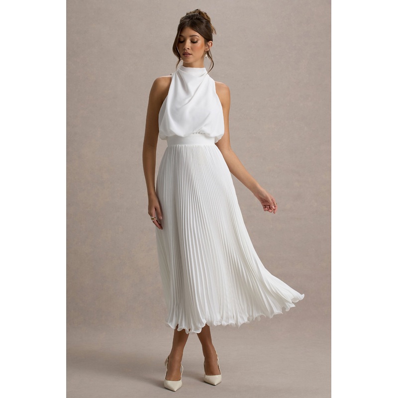 Nila | White Cowl-Neck Midi Dress With Plisse Skirt