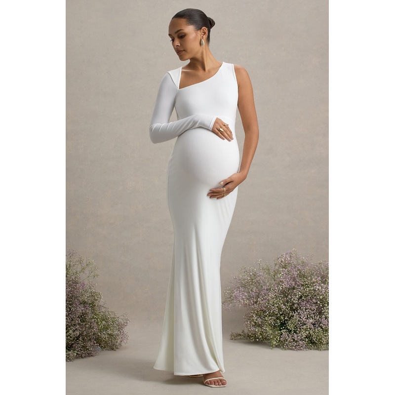 Oh Baby | White Maternity One Shoulder Bodycon Maxi Dress