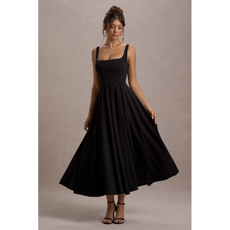 Parina | Black Strappy Volume-Hem Midi Dress
