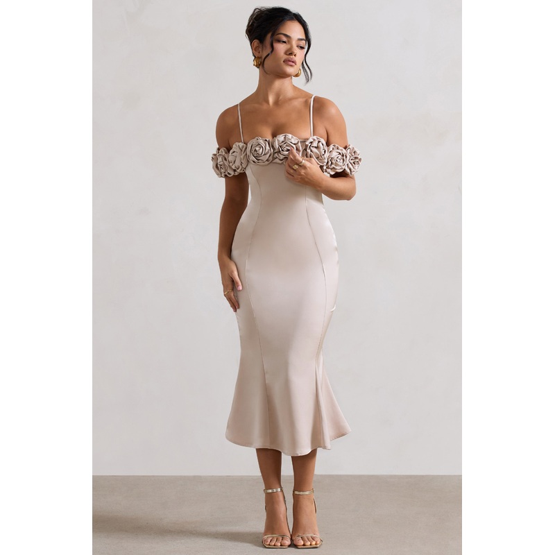 Petunia | Champagne Satin Floral Bardot Midi Dress
