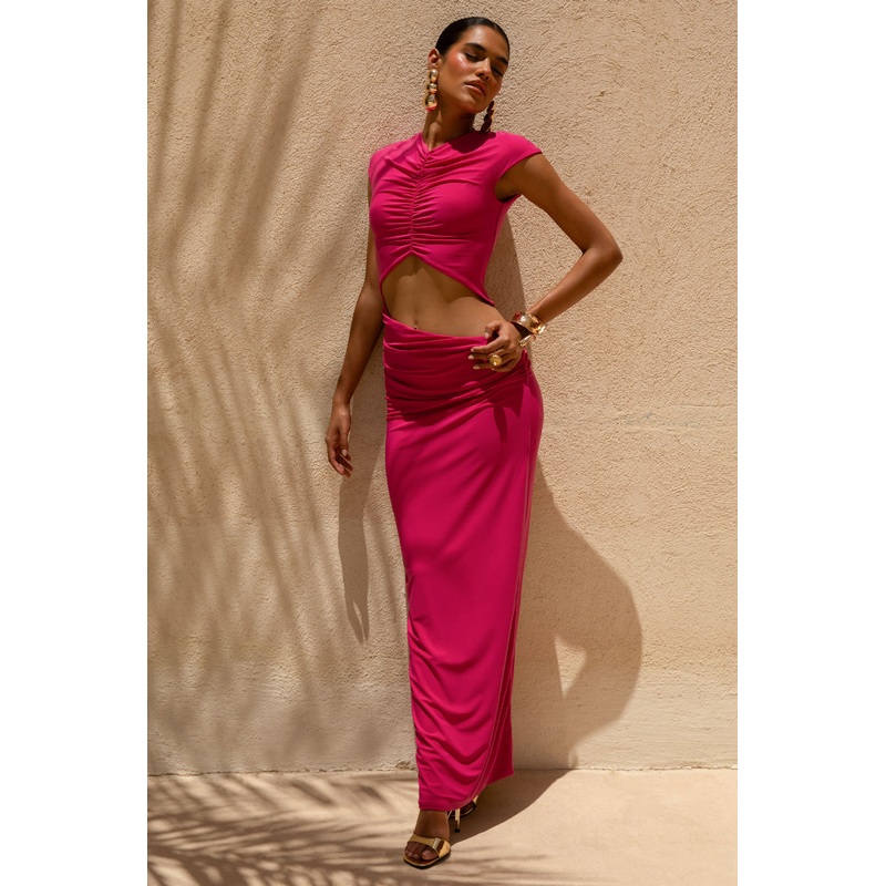 Pia | Hot Pink Short-Sleeve Maxi Dress With Cut-Out