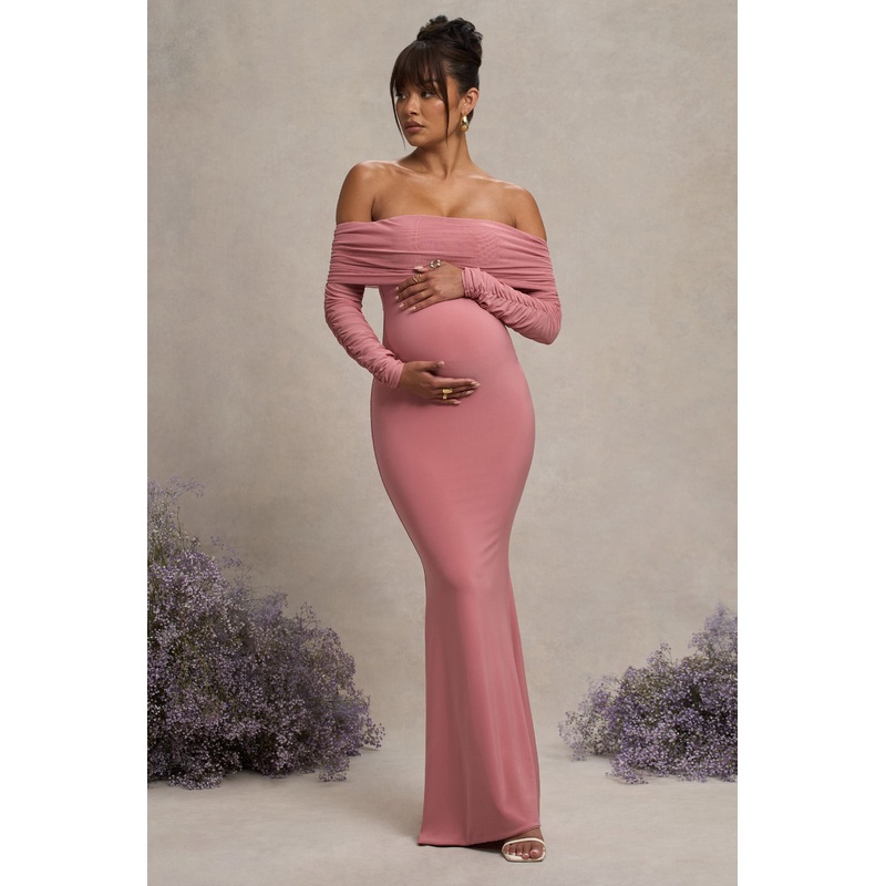 Pretty Perfect | Blush Pink Maternity Ruched Mesh Bardot Maxi Dress