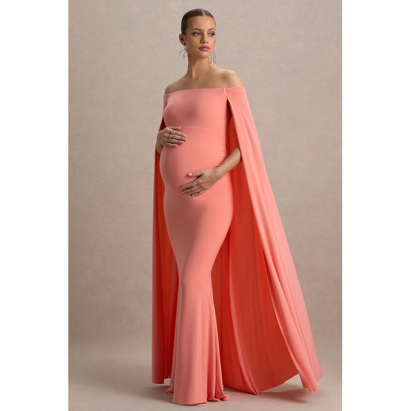 Radiance | Coral Bardot Maternity Maxi Dress With Cape