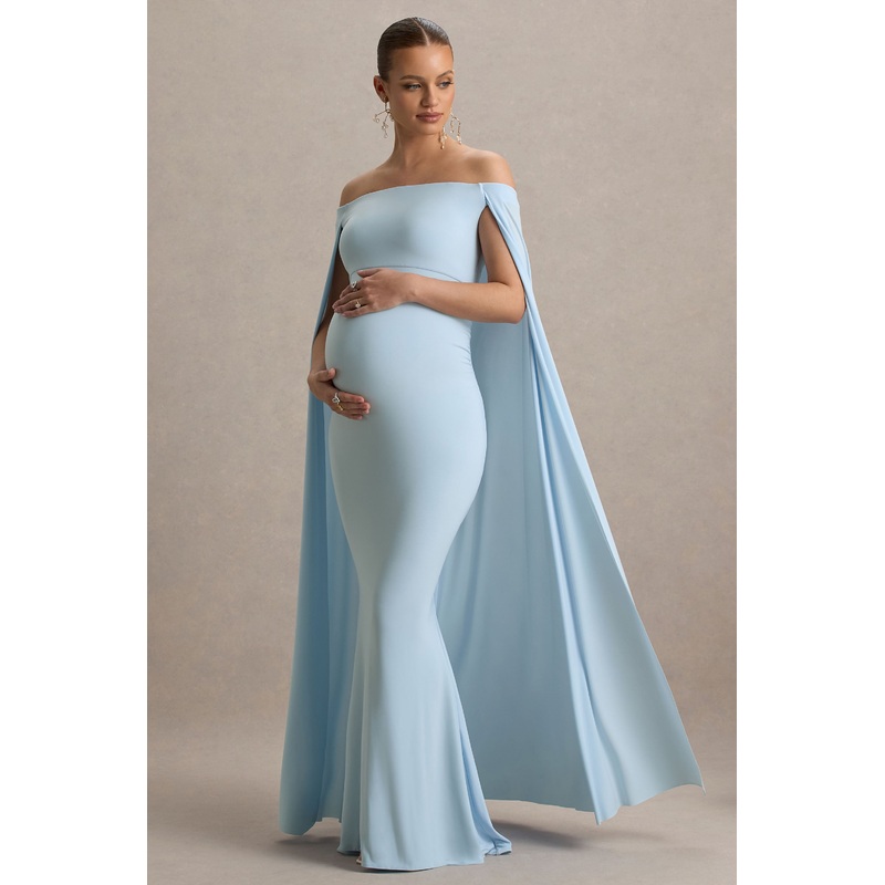 Radiance | Powder Blue Bardot Maternity Maxi Dress With Cape