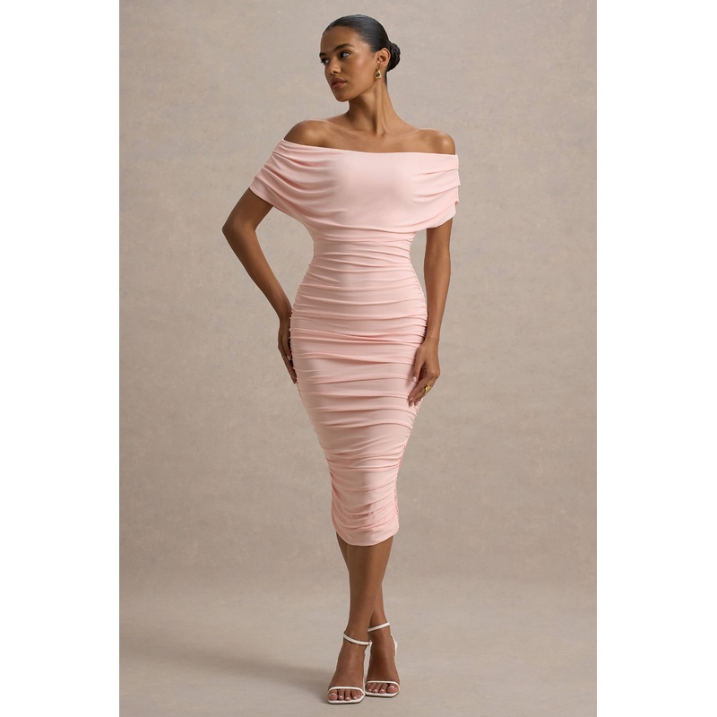 Rayleigh | Pink Bardot Ruched Midi Dress