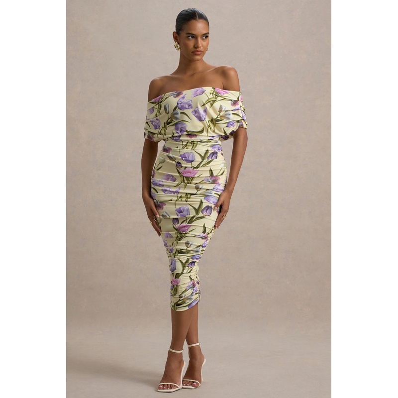 Rayleigh | Tulip Floral Print Bardot Ruched Midi Dress