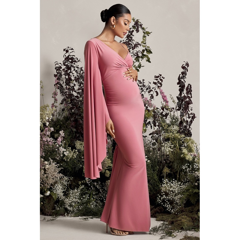 Rhea | Blush Pink V-Neck Split Maternity Maxi Dress With Cape Sleeve