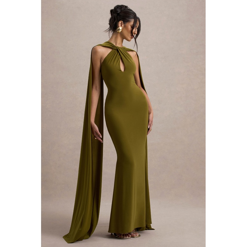 Rhoda | Green Twist Halter-Neck Cape Maxi Dress