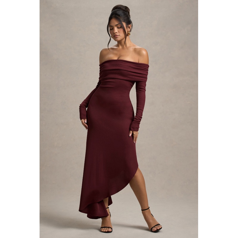 Romina | Port Rib Knit Bardot Maxi Dress With Asymmetric Hem