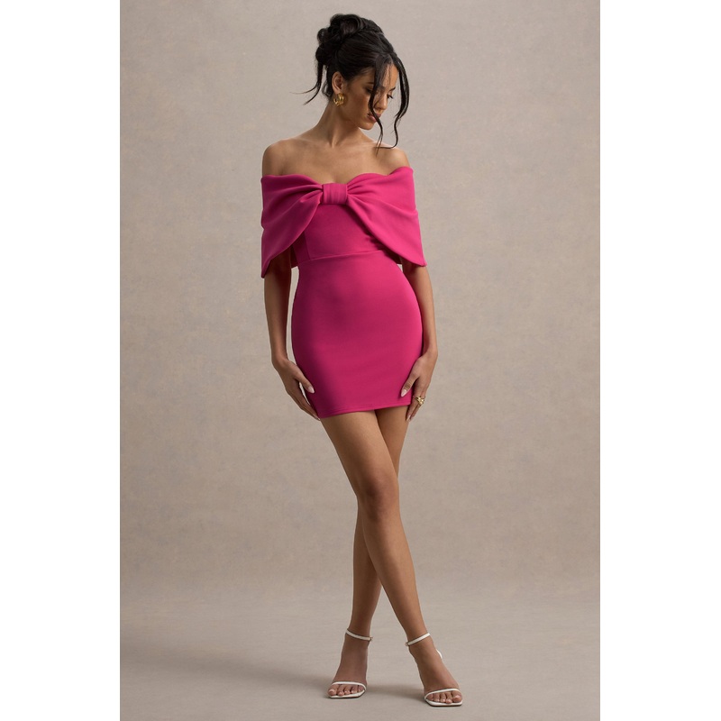 Sadie | Hot Pink Bow Bardot Mini Dress
