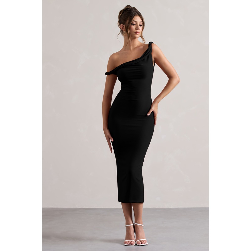 Salome | Black Twisted Asymmetric Midi Dress