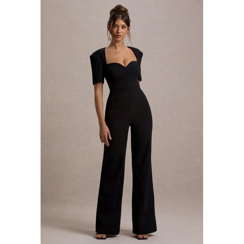 Simone | Black Sweetheart Short-Sleeve Wide-Leg Jumpsuit