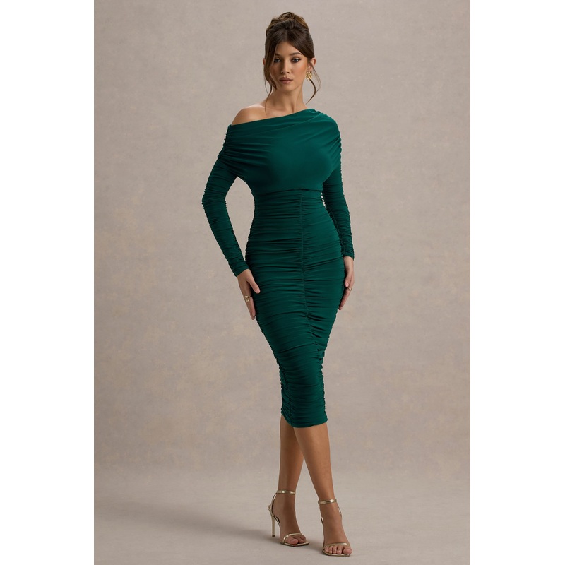Sinclair | Bottle Green Ruched One-Shoulder Bodycon Midi Dress