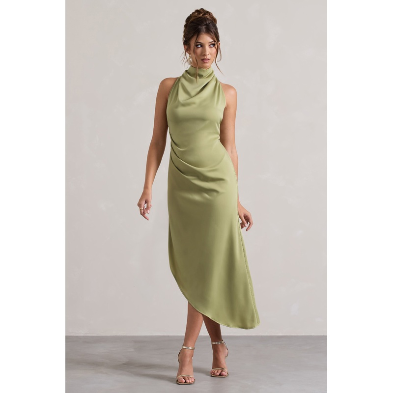 Sophina | Light Olive Satin Cowl-Neck Asymmetric Midi Dress