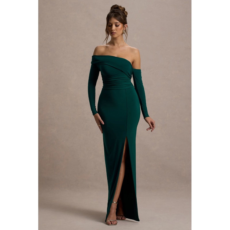 Stand Out | Bottle Green Bardot Long Sleeve Ruched Maxi With Side Split
