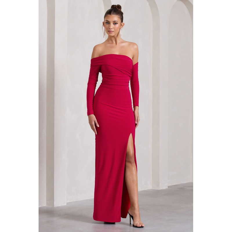 Stand Out | Red Bardot Long Sleeve Ruched Maxi With Side Split