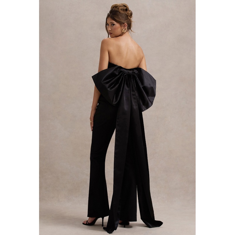 Sweet Escape | Black Satin Crop Top With Oversized Satin Bow