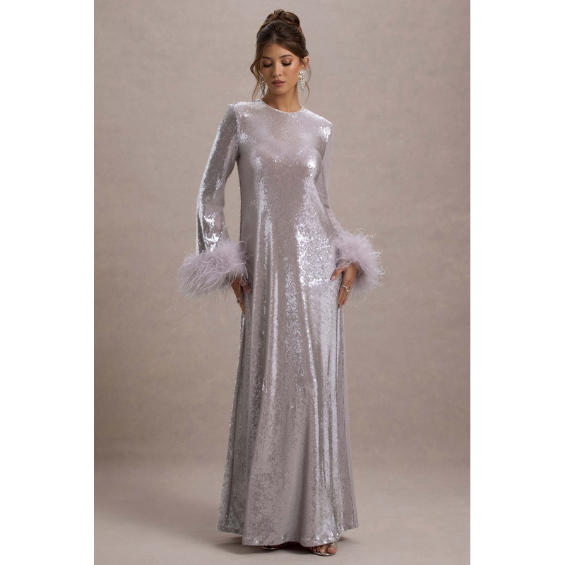 Tallie | Lilac Sequin Maxi Dress With Feather Trim