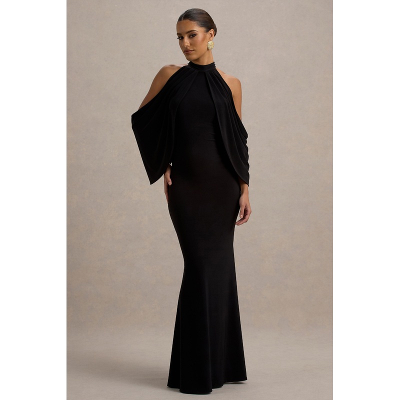 Teresa | Black High-Neck Cold-Shoulder Maxi Dress