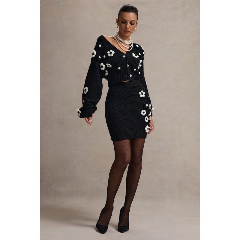 Triomphe | Black & White Knit Floral Mini Skirt