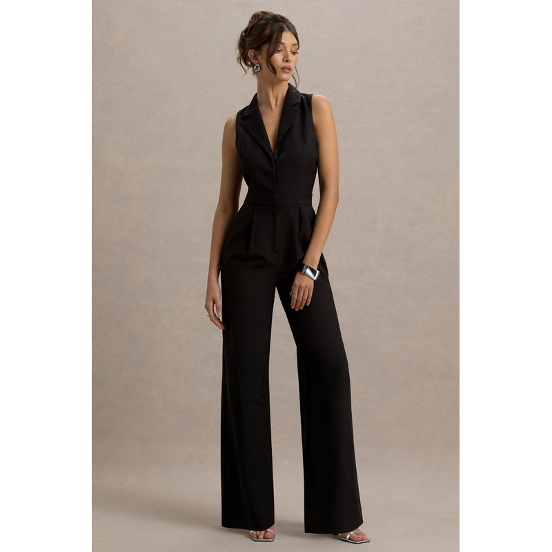 Trixie | Black Plunge-Neck Tailored Jumpsuit