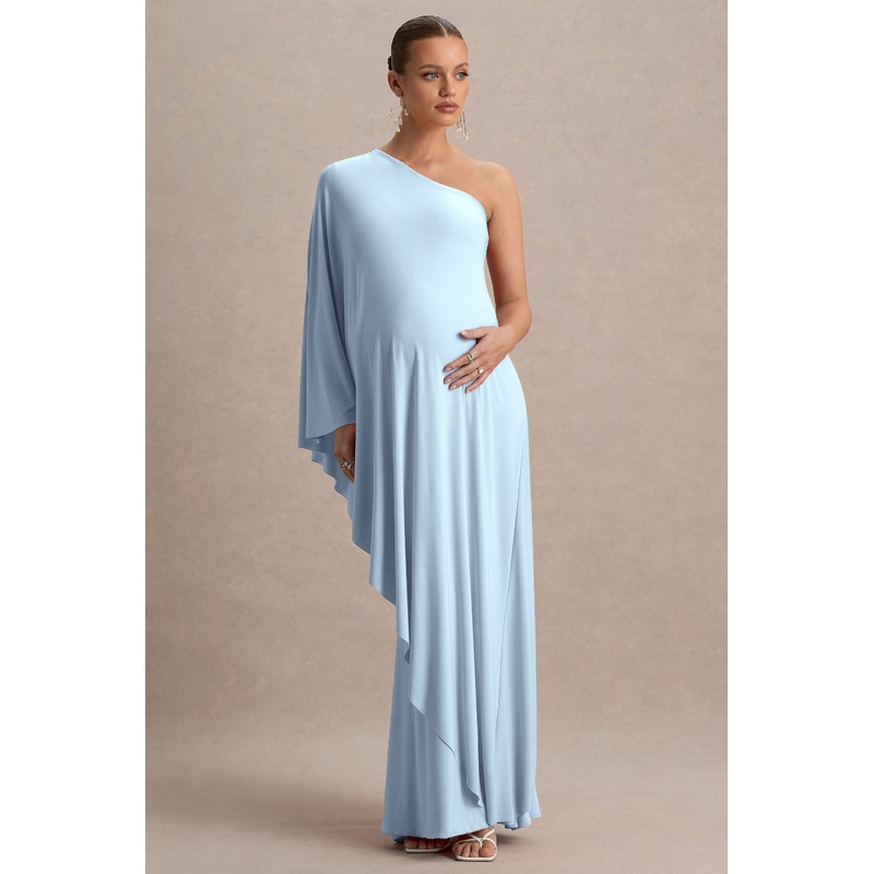 Waves | Powder Blue Asymmetric Maternity Maxi Dress With One-Sleeve Cape