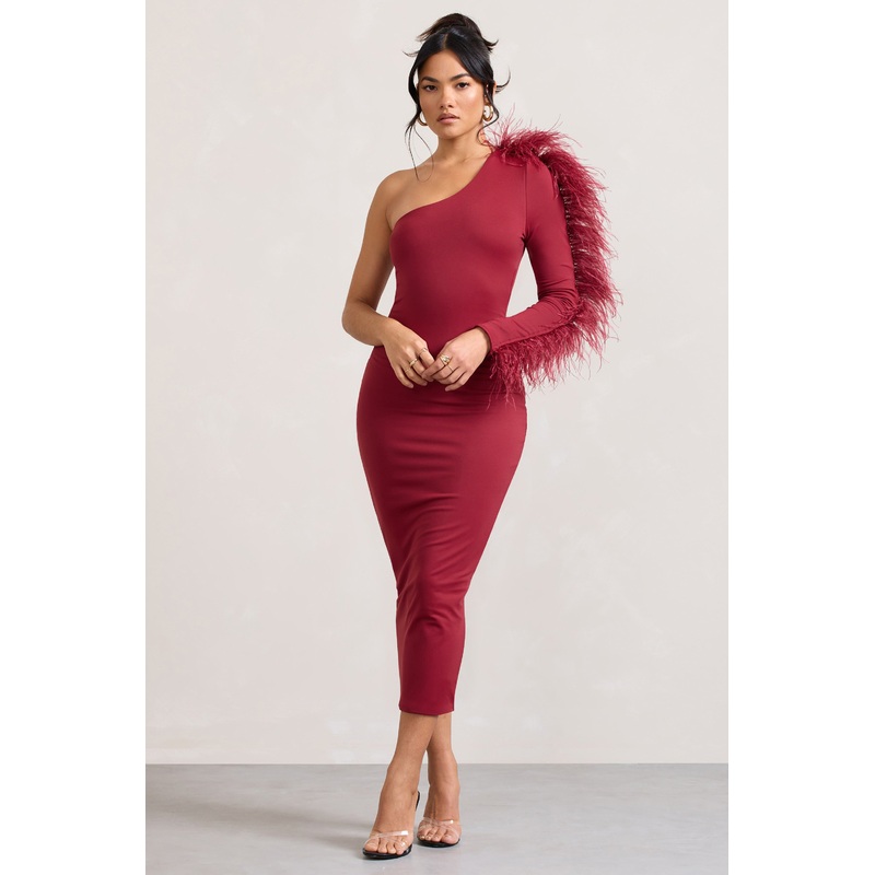 Wild One | Burgundy One-Shoulder Bodycon Midi Dress With Feather-Trimmed Sleeve
