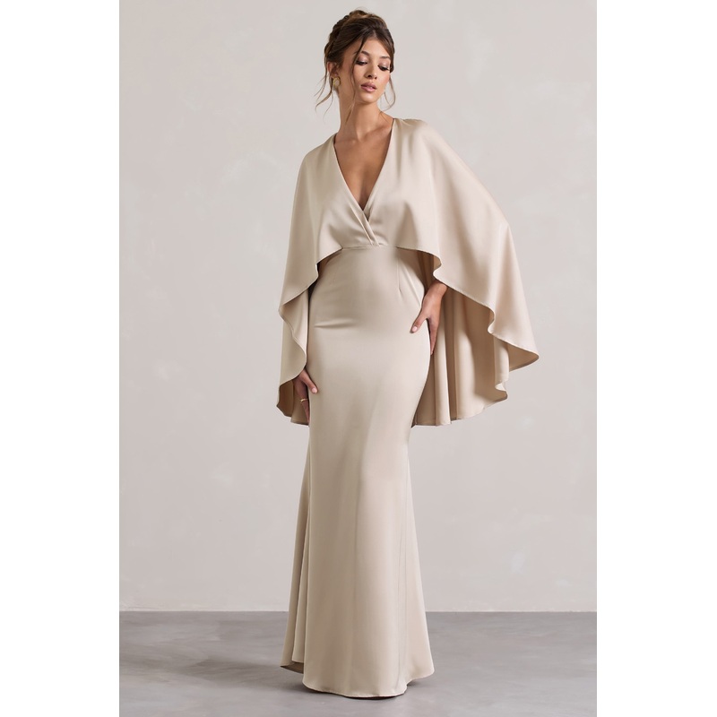 Yasie | Champagne Satin Plunge-Neck Maxi Dress With Cape Sleeves
